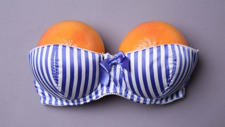 Un soutien-gorge est photographié sur un fond neutre, une orange dans chaque bonnet pour illustrer notre propos sur la taille de soutien-gorge.